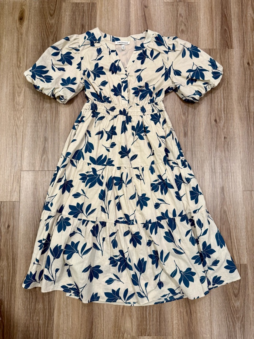 Blue Floral Puff Sleeve Midi Dress